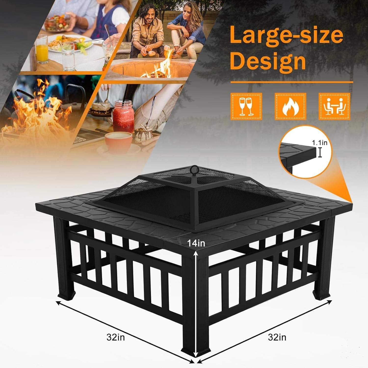 Bigacc Outdoor Fire Pit Wood 32in Square Metal BBQ Firepit Stove for Backyard Patio Garden Screen Bonfire Fire Pit with Outside Fireplaces Camping and Poker, Black