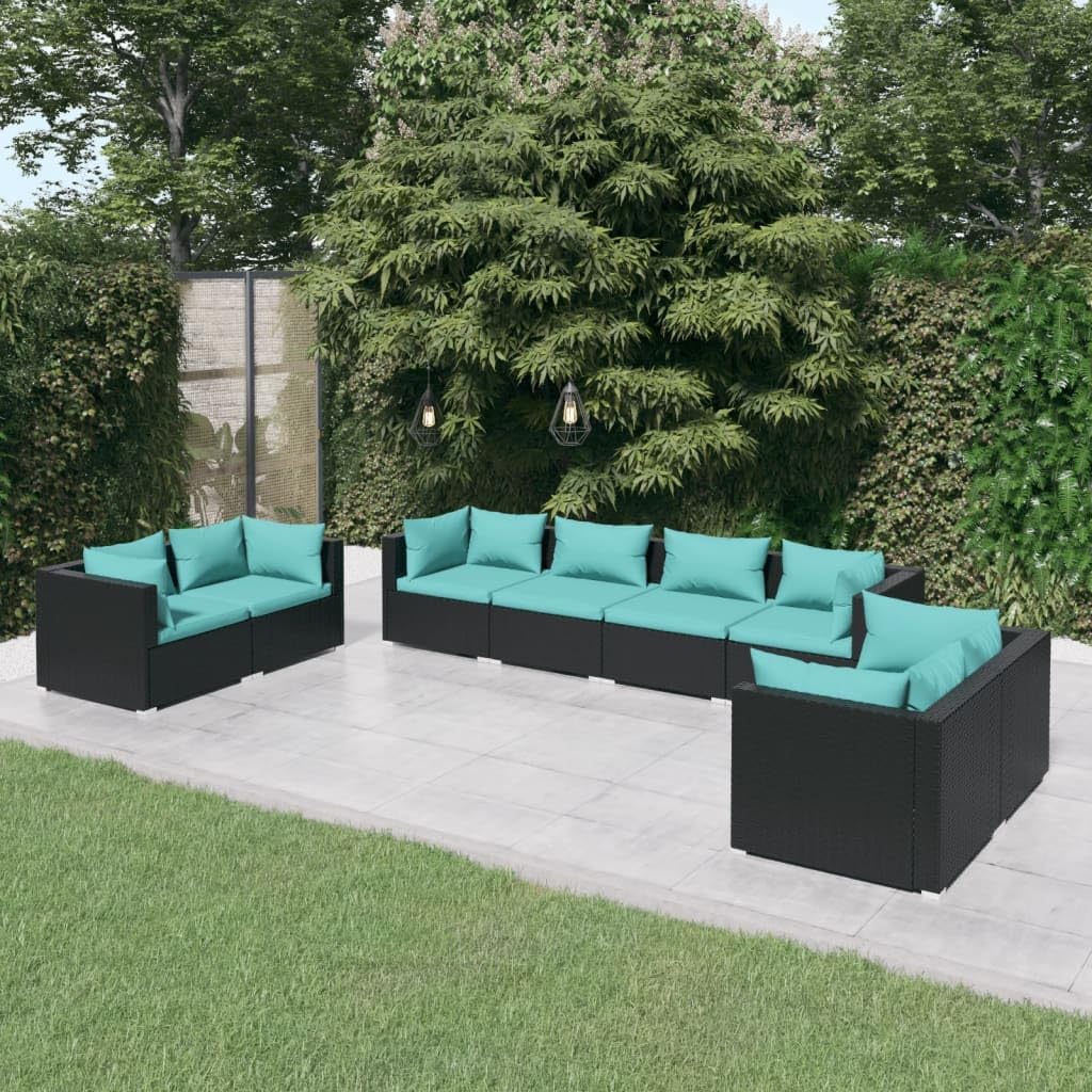 8 Piece Patio Lounge Set with Cushions Poly Rattan Black,Modern Outdoor Patio Lounge Set with Modular Design and Waterresistant Rattan Patio Furniture Sets, Outdoor Furniture Sets