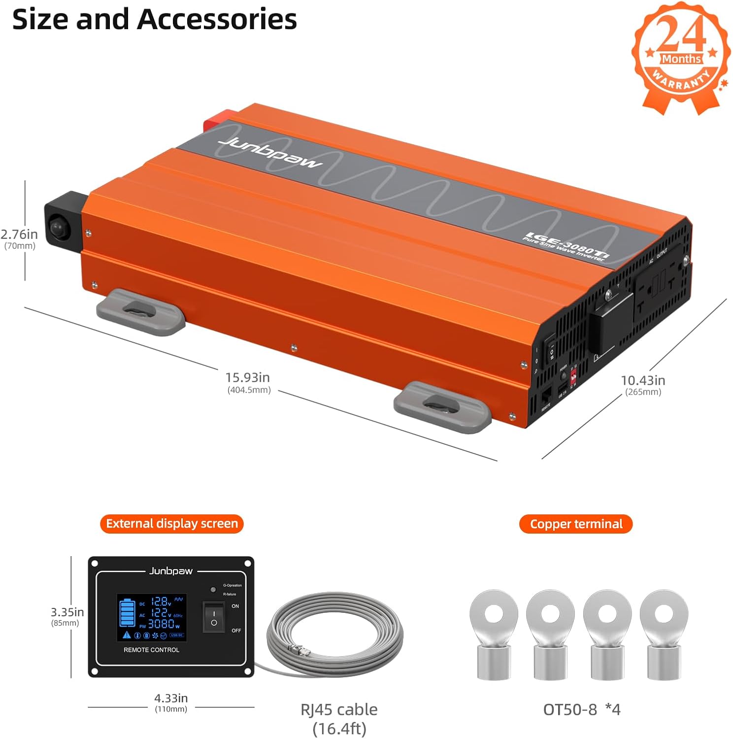 3080 Watt Pure Sine Wave Inverter with 2 Gauge Battery Cable for Off-Grid Solar Car RV Truck Boat with Wire Remote Monitor