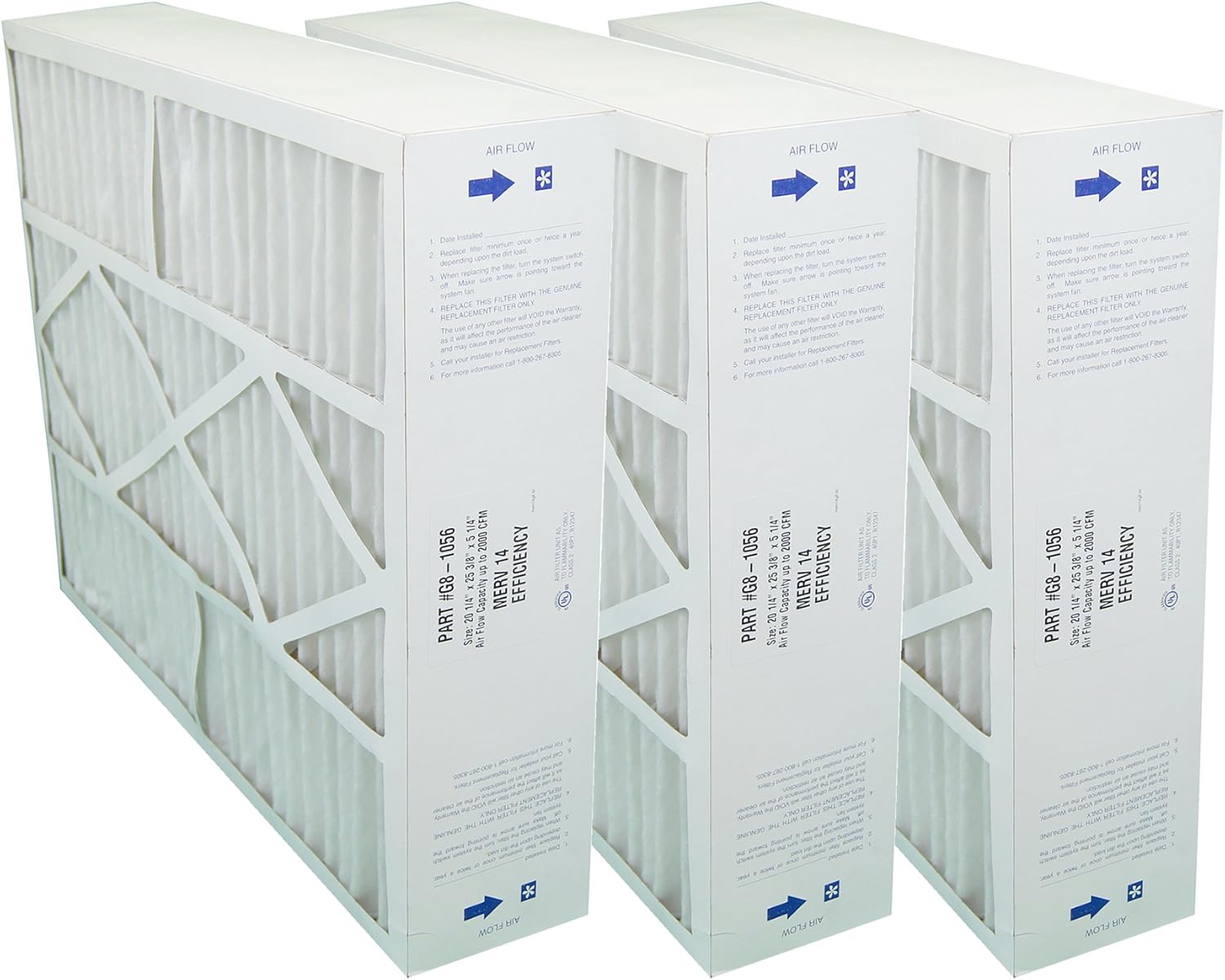 G8-1056 GENUINE 20x25x5 (Actual Size: 20-1/4 x 25-3/8 x 5-1/4) MERV 14 GOODMAN, CARRIER, ELECTRO-AIR, FIVE SEASONS, AMANA 20X25 MEDIA FILTERS - Case of 3 Filters