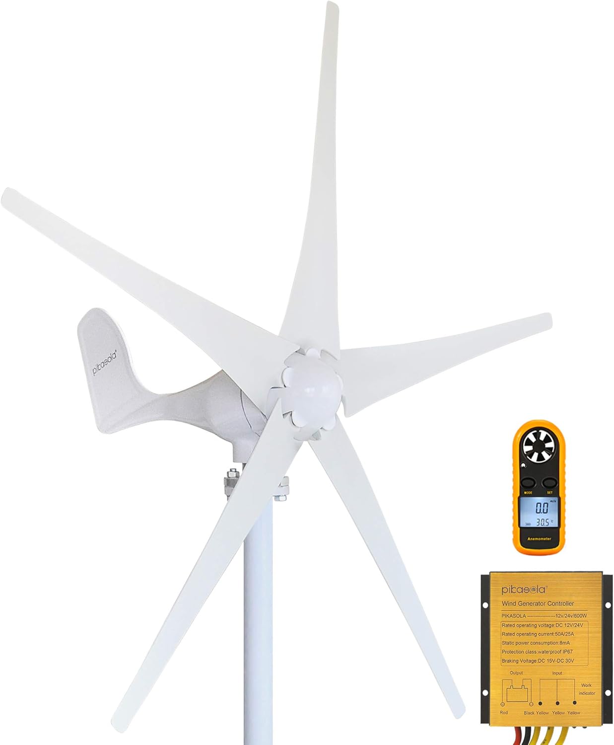 Pikasola Wind Turbine Generator Kit 400W 12V with 5 Blade, with Charge Controller, Wind Power Generator for Marine, RV, Home, Windmill Generator Suit for Hybrid Solar Wind System