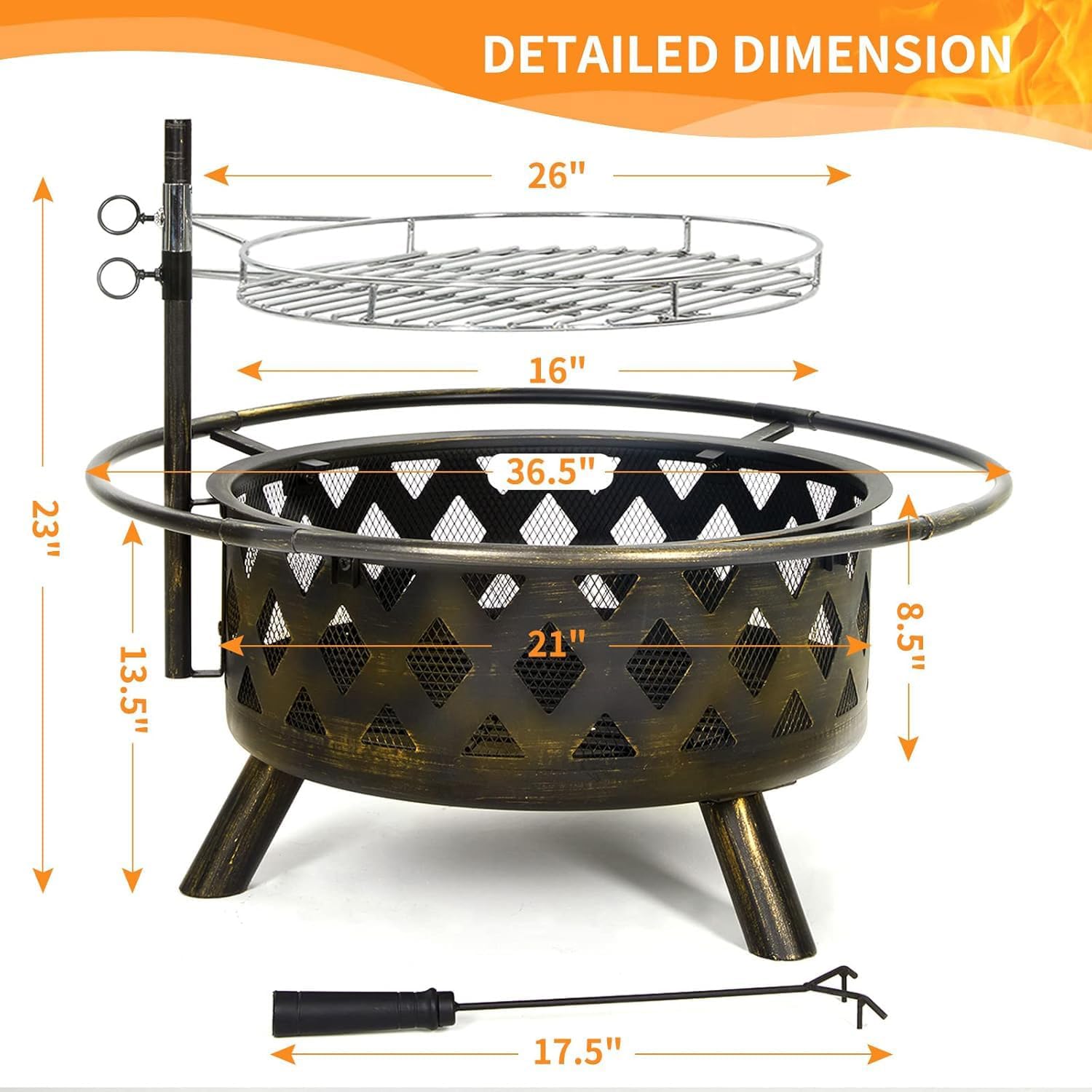 30 Inch Outdoor Fire Pit with Spark Screen & Cooking Grate - Large Round Steel Firepits for Patio, Backyard & Garden - Includes Poker for Wood Burning & Camping Use
