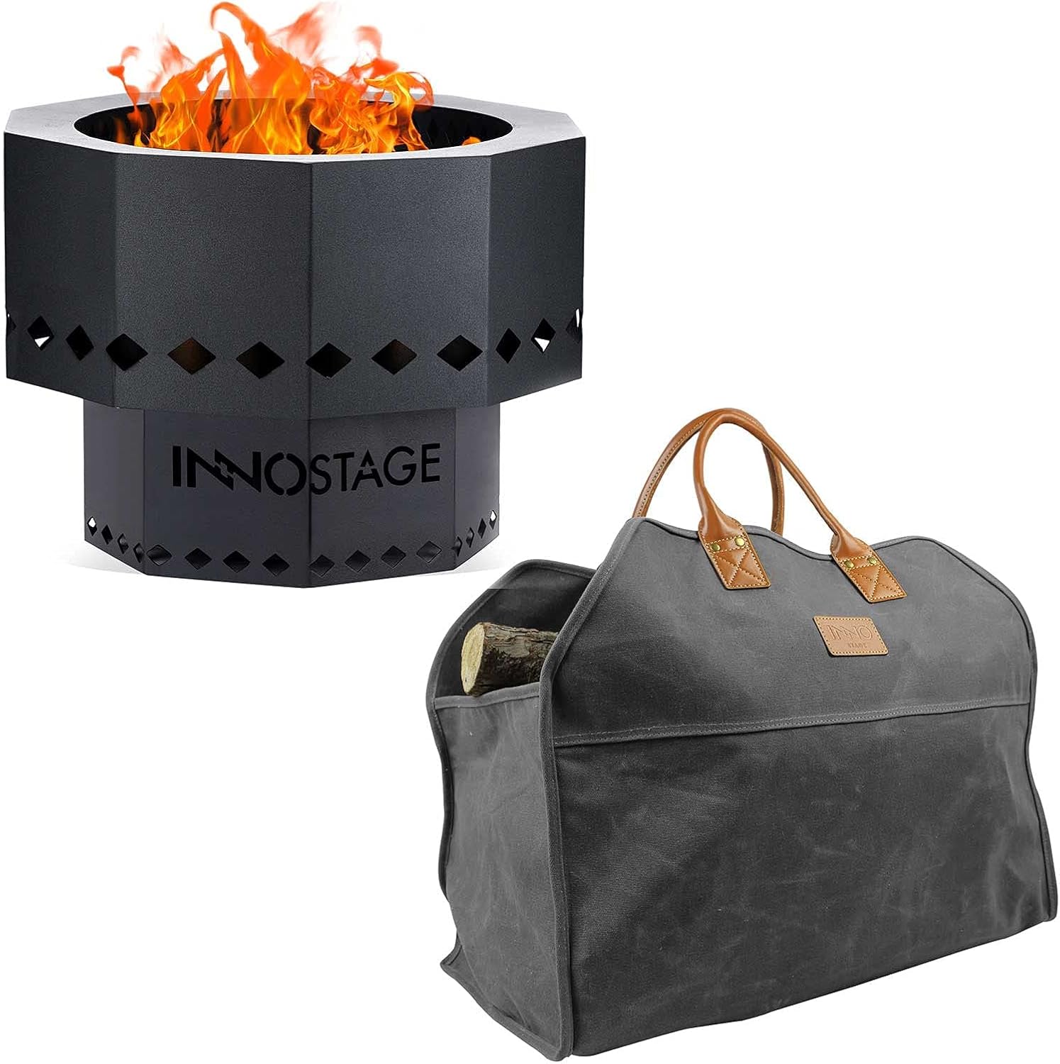 Patented Smokeless Fire Bowl Pit and Waxed Canvas Firewood Log Carrier