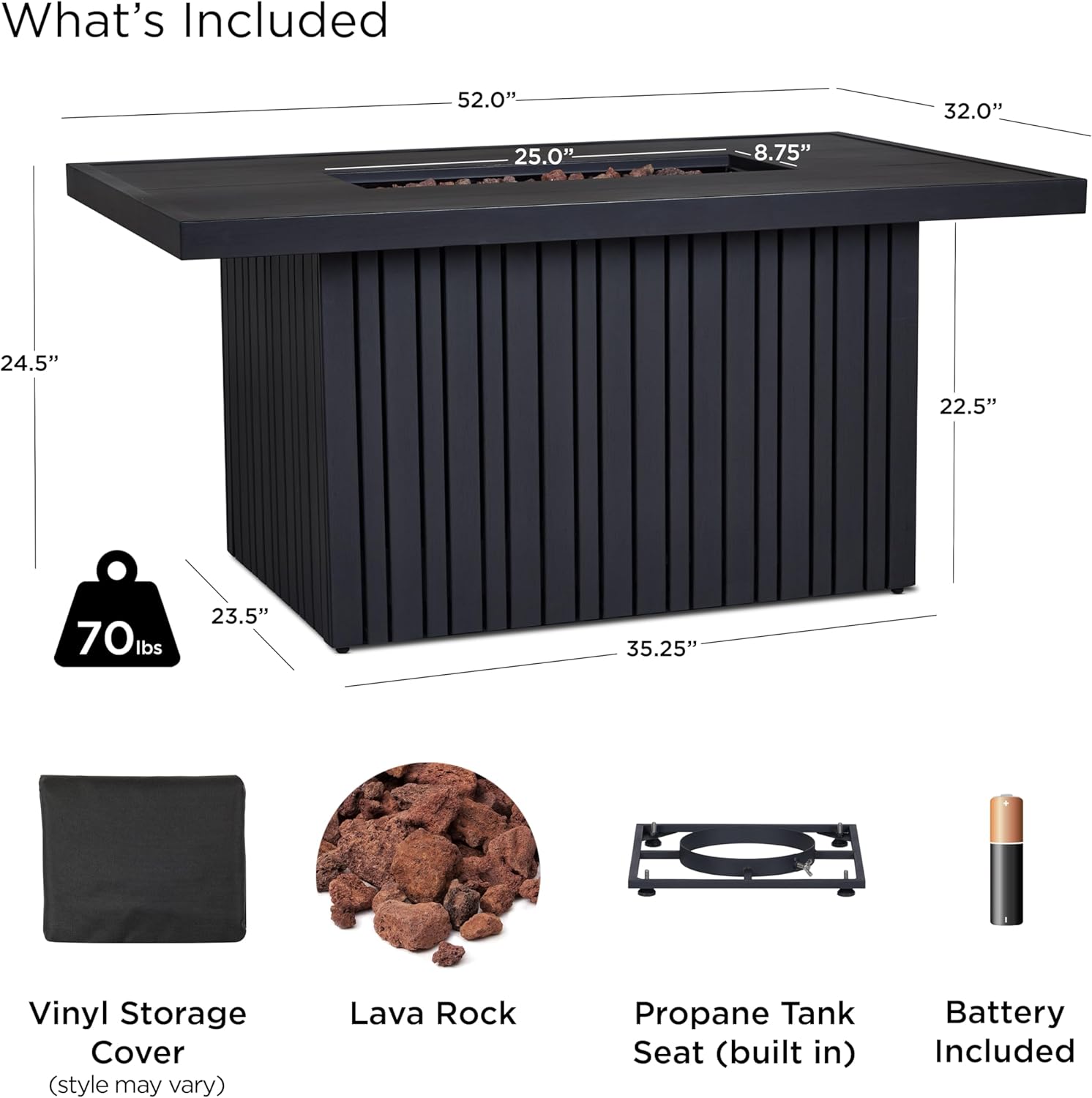 Real Flame Calvin 52in Rectangle Propane Fire Pit Table, 50,000 BTU, Hidden Tank Storage, Aluminum, Push-Button Ignition, CSA Certified, Lava Rock, Storage Cover, Stainless Steel Burner with Lid