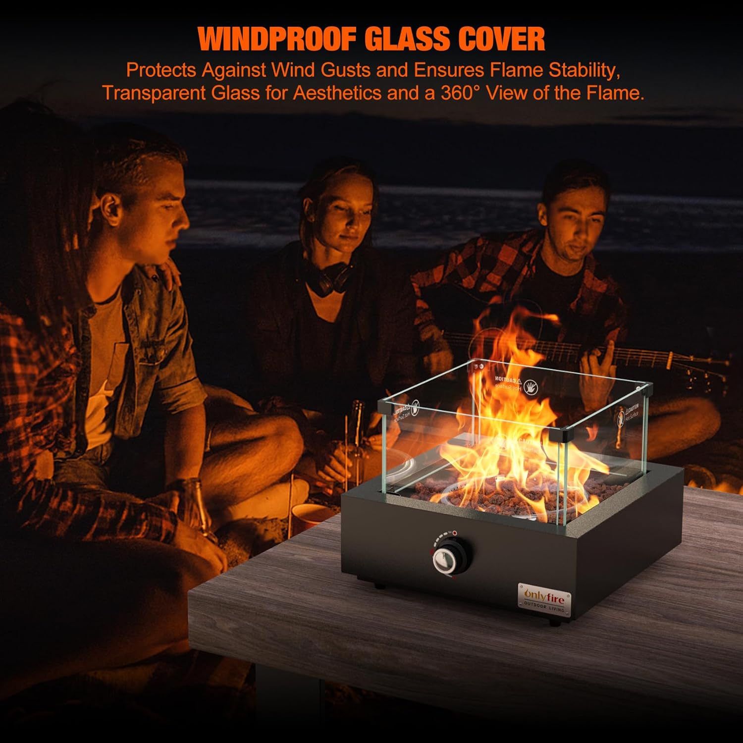ONLYFIRE OUTDOOR LIVING Propane Gas Fire Pit with Glass Wind Guard & Lava Rocks, Portable Smokeless Gas Firepit Side-Mounted for Patio Backyard Camping Bonfire RV Tailgating, Square FP040