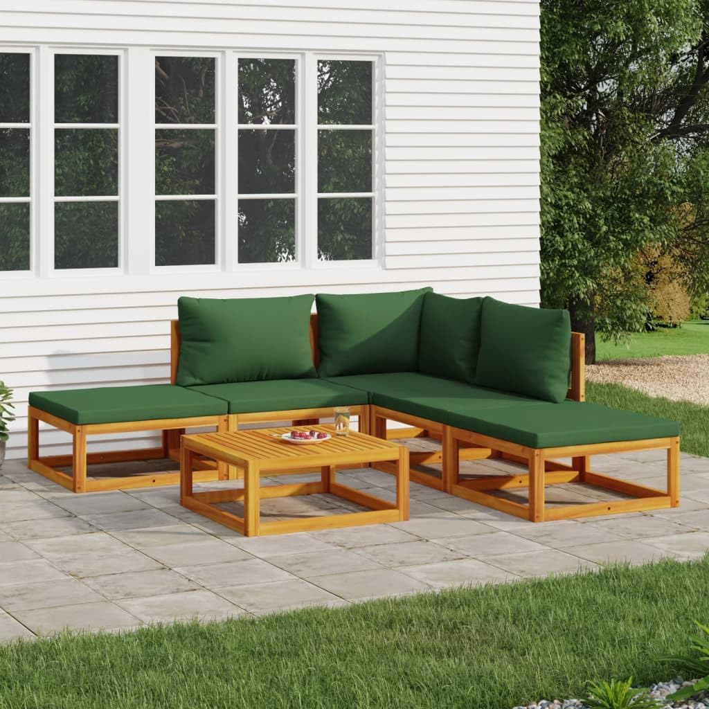 6 Piece Patio Lounge Set with Green Cushions Solid Wood,Elegant Wooden Patio Lounge Set for Cozy Outdoor Moments Patio Furniture, Outdoor Furniture Sets, Brown