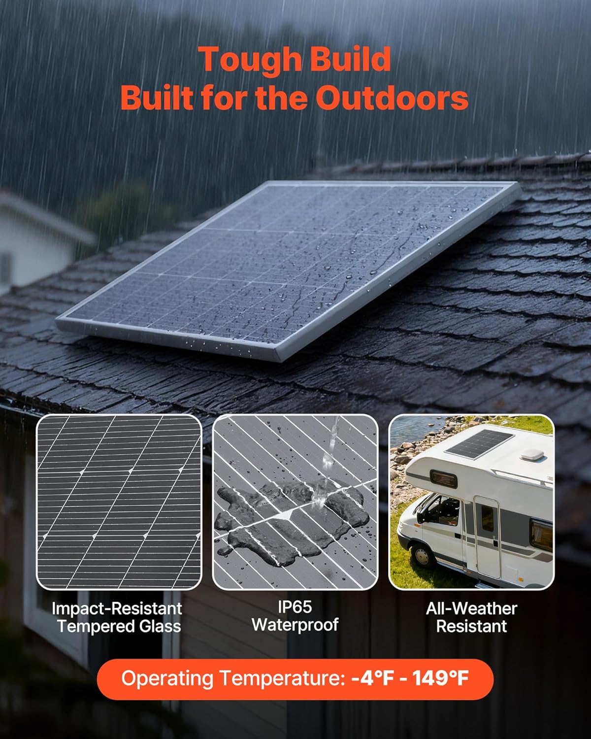 VEVOR 200W Monocrystalline Solar Panel, 23% High-Efficiency Mono PV Module with Stable MC4 Output & Aluminum Frame, IP65 Waterproof Solar Panel for Car Boat RV Flat Rooftop Off-Grid Applications