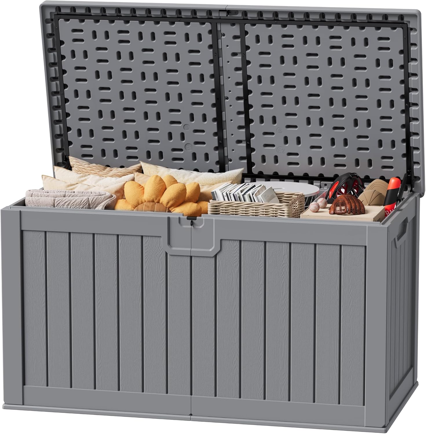 JUMMICO 250 Gallon Outdoor Resin Deck Box with Divider, Waterproof Storage Box with Lockable Lid&Side Handles for Garden Tools, Pools Supplies (Gray)