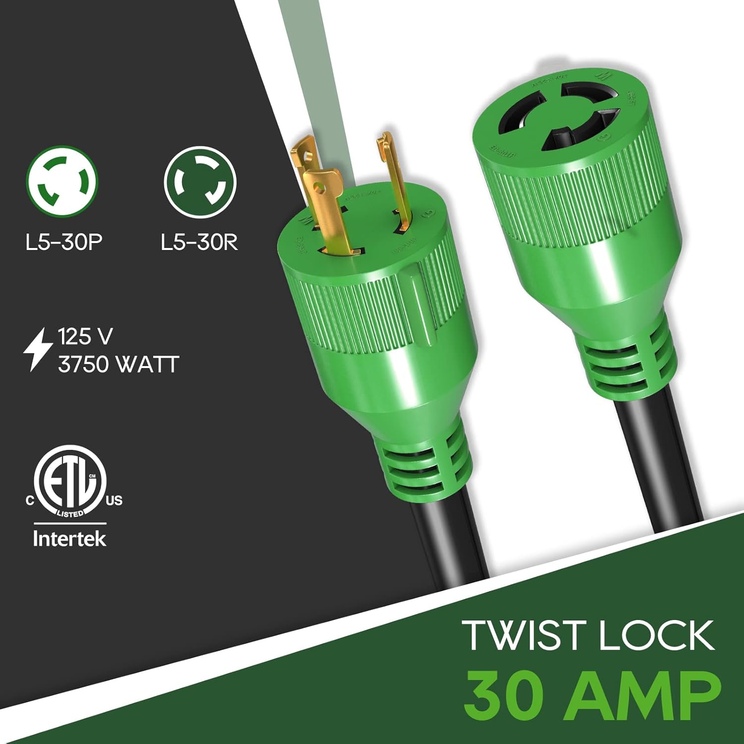 RVGUARD 3 Prong 30 Amp 75 Foot Generator Extension Cord, NEMA L5-30P/L5-30R 125V 10 Gauge SJTW Generator Power Cord with Cord Organizer, ETL Listed