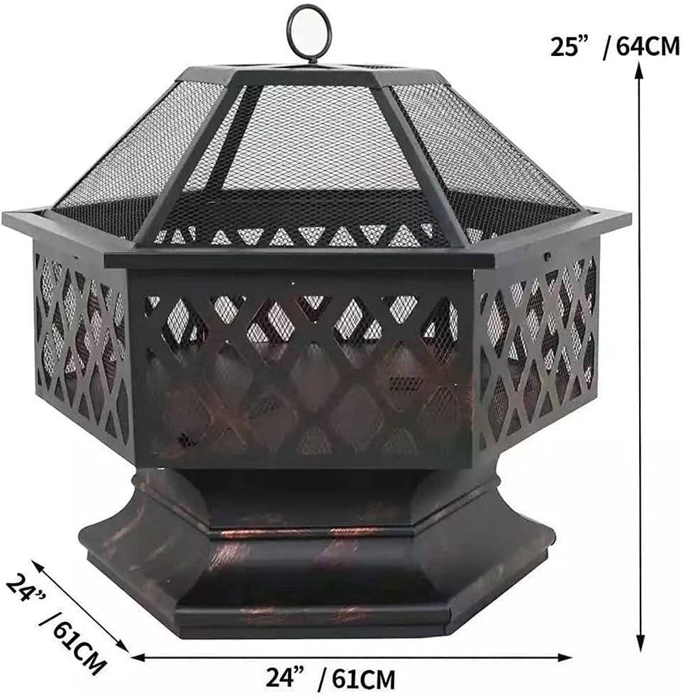 Garden Fire Pit Grill Bowl Grill Barbecue Rack Outdoor Fire Pit Bowls Wood Burning, Hex-Shaped 24In Steel Fire Pit for Garden with Spark Screen Grill and Grate for Garden,Patio,Yard