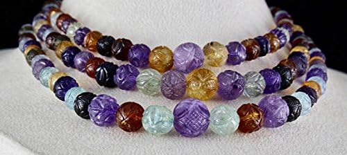 3 Line Natural Multi Color AMETHYST CITRINE AQUAMARINE Etc Carved Beads Necklace 17 INCHES 14 MM TO 6 MM