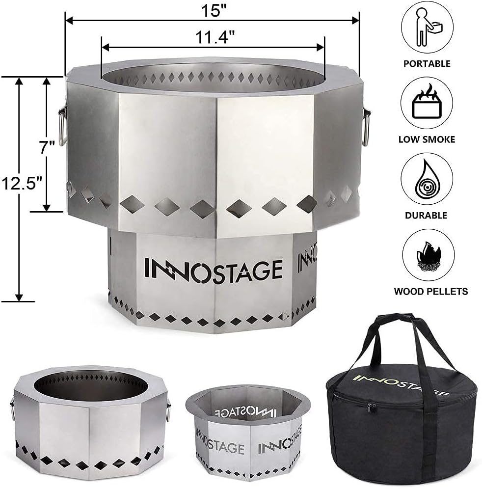 Patented Stainless Bonfire Fire Pit with Portable Carrying Storage Bag and Ash Bucket with Lid and Wood Handle Coal Shovel