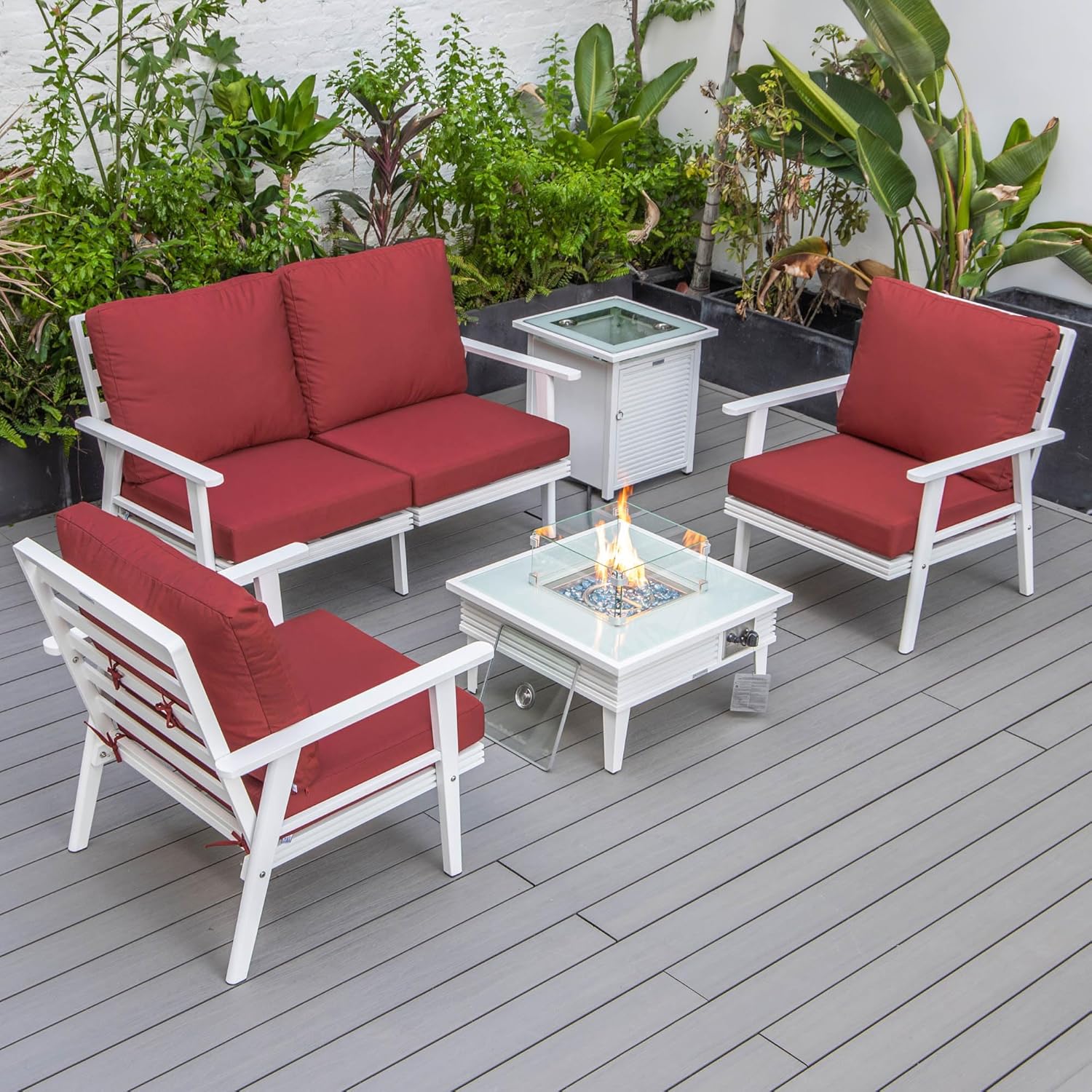 LeisureMod Walbrooke Modern Aluminum 5-Piece Patio Conversation Set with Outdoor Square Fire Pit Slats Design & Side Table Tank Holder, Red