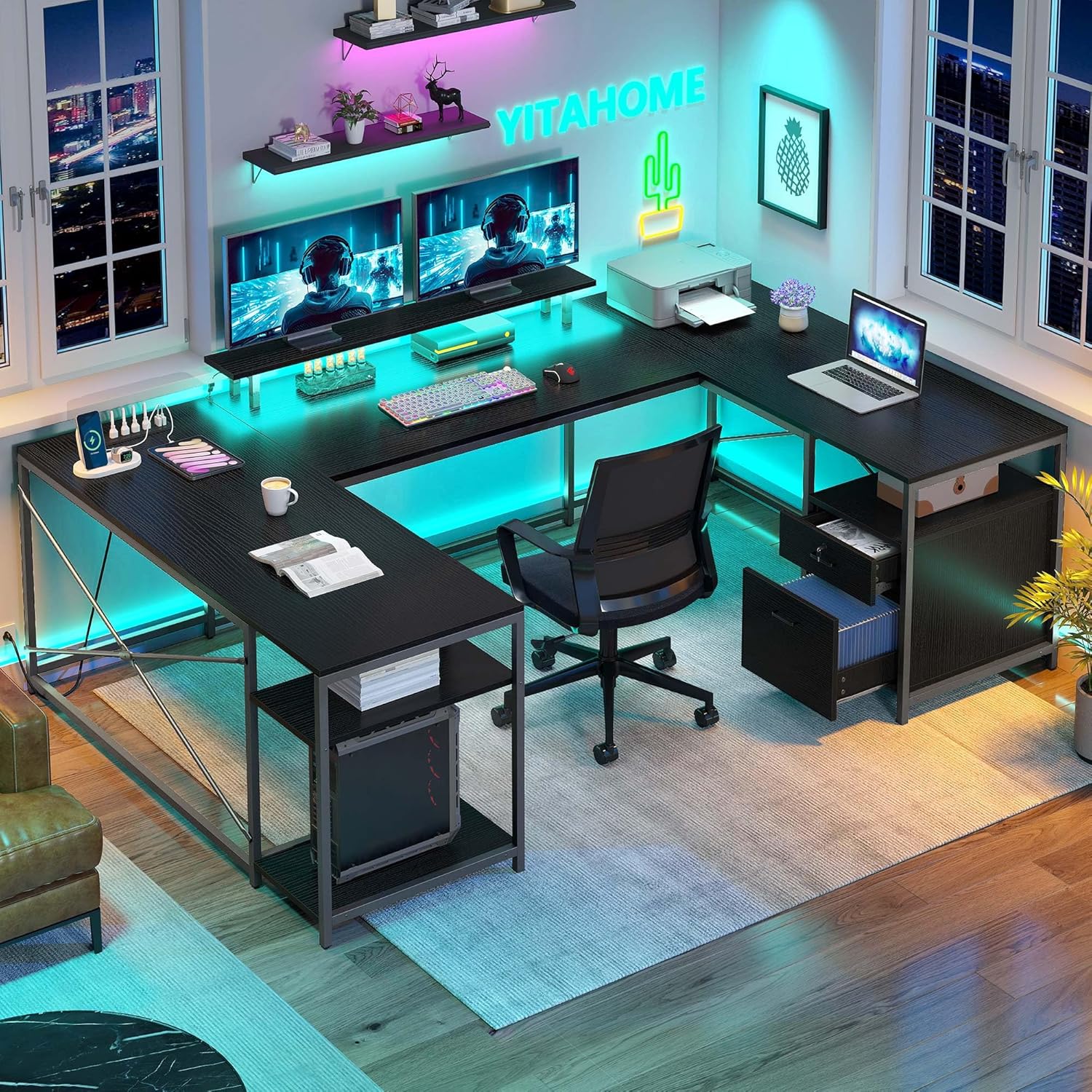 YITAHOME U Shaped Desk with Power Outlets & LED Lights, 79