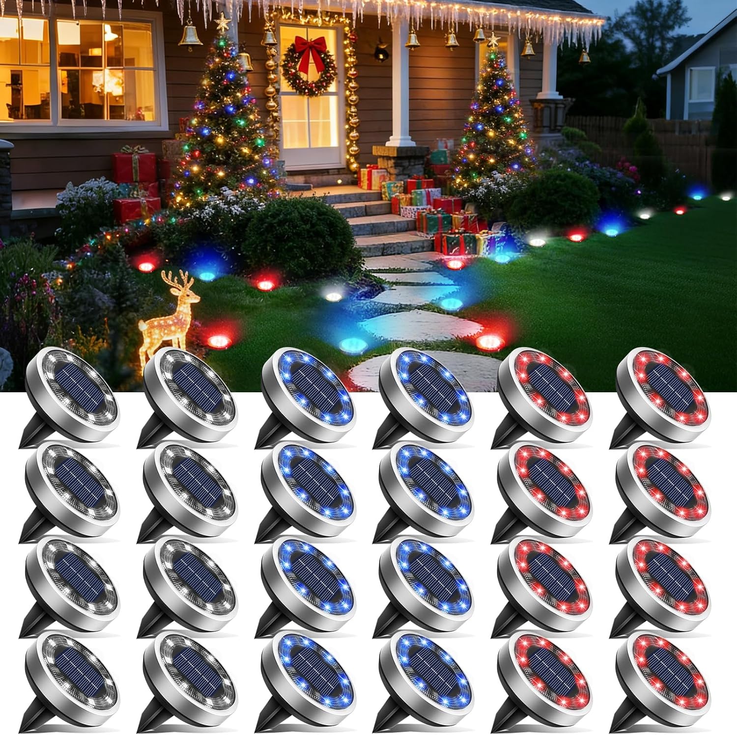 btfarm 24 Pack Solar Ground Lights Outdoor, 8 LED Disc Lights IP65 Waterproof Flat Light, Pathway Light Solar Powered for Garden Lawn Patio Yard Path Christmas Decorations, Red+Blue+Cool White