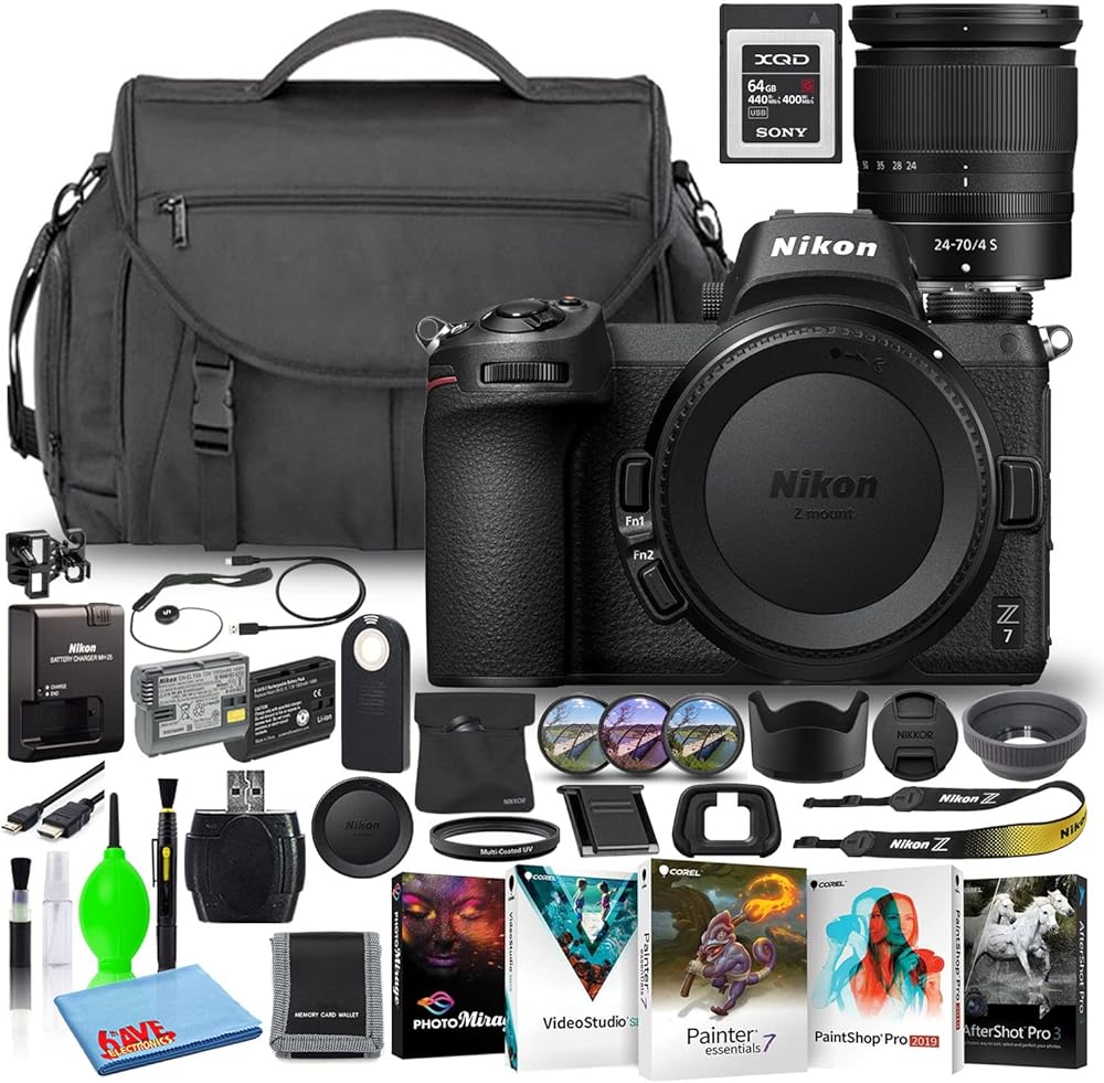 Nikon Z7 45.7MP Mirrorless Digital Camera with 24-70mm Lens (1594) Deluxe Bundle with Sony 64GB XQD Memory Card + Large Camera Bag + Corel Editing Software + Extra Battery + Filter Kit (Renewed)