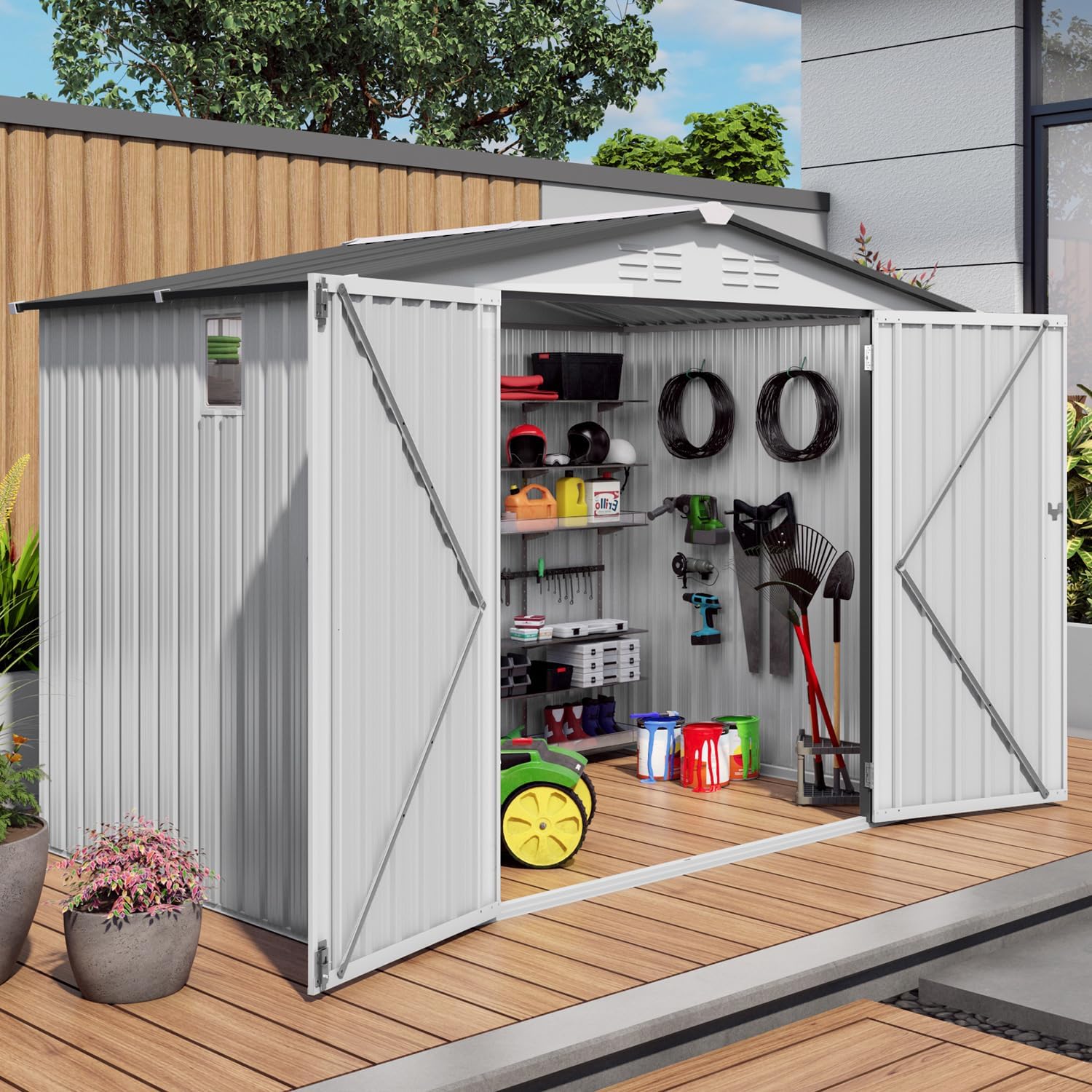 8 x 6 FT Outdoor Metal Storage Shed, Waterproof Tool Shed with Window and Vents, Lockable Door Outdoor Sheds for Garden, Backyard, Patio, Bike, Sundries, Gray+White