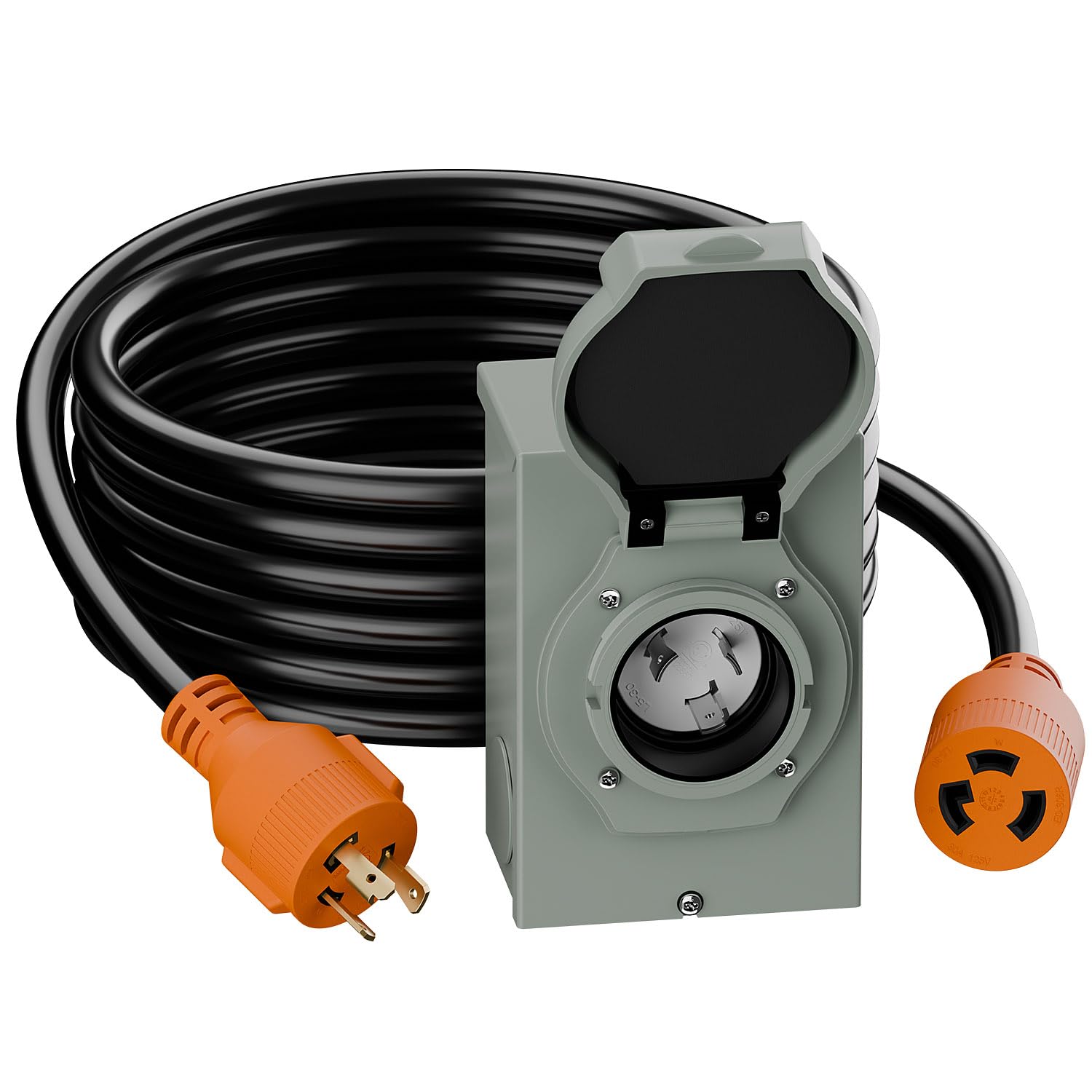 [25 FT] Nema L5-30P Waterproof RV 30Amp Power Inlet Box and L5-30P Extension Cable 25FT, ETL Listed 30A Generator Power Inlet, Outdoor use L5-30 30A 125V 3750W Inlet Box with LED Light AC0066
