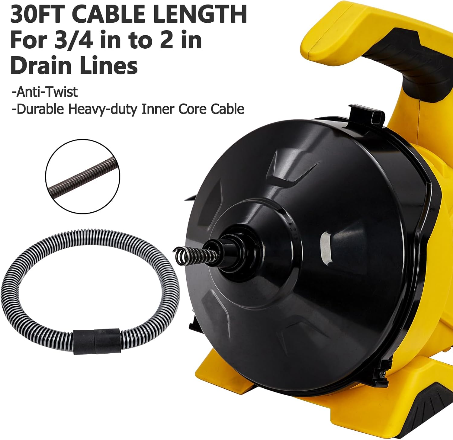 Drain Cleaner Machine 30Ft x 3/10In, Auto-Feed Electric Drain Snake with Foot Switch, Piano Wire Cable for 3/4