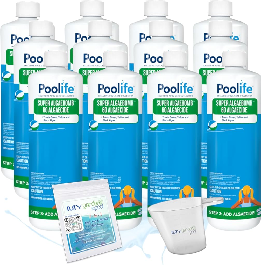 Poolife Super AlgaeBomb 60 – Non-Foaming Liquid Algaecide for Pools, Spas & Winterizing – 60% Polyquat Formula – Includes 7-in-1 Test Strips, Measuring Cup & Pool-IQ AI Assistant 12 Pack