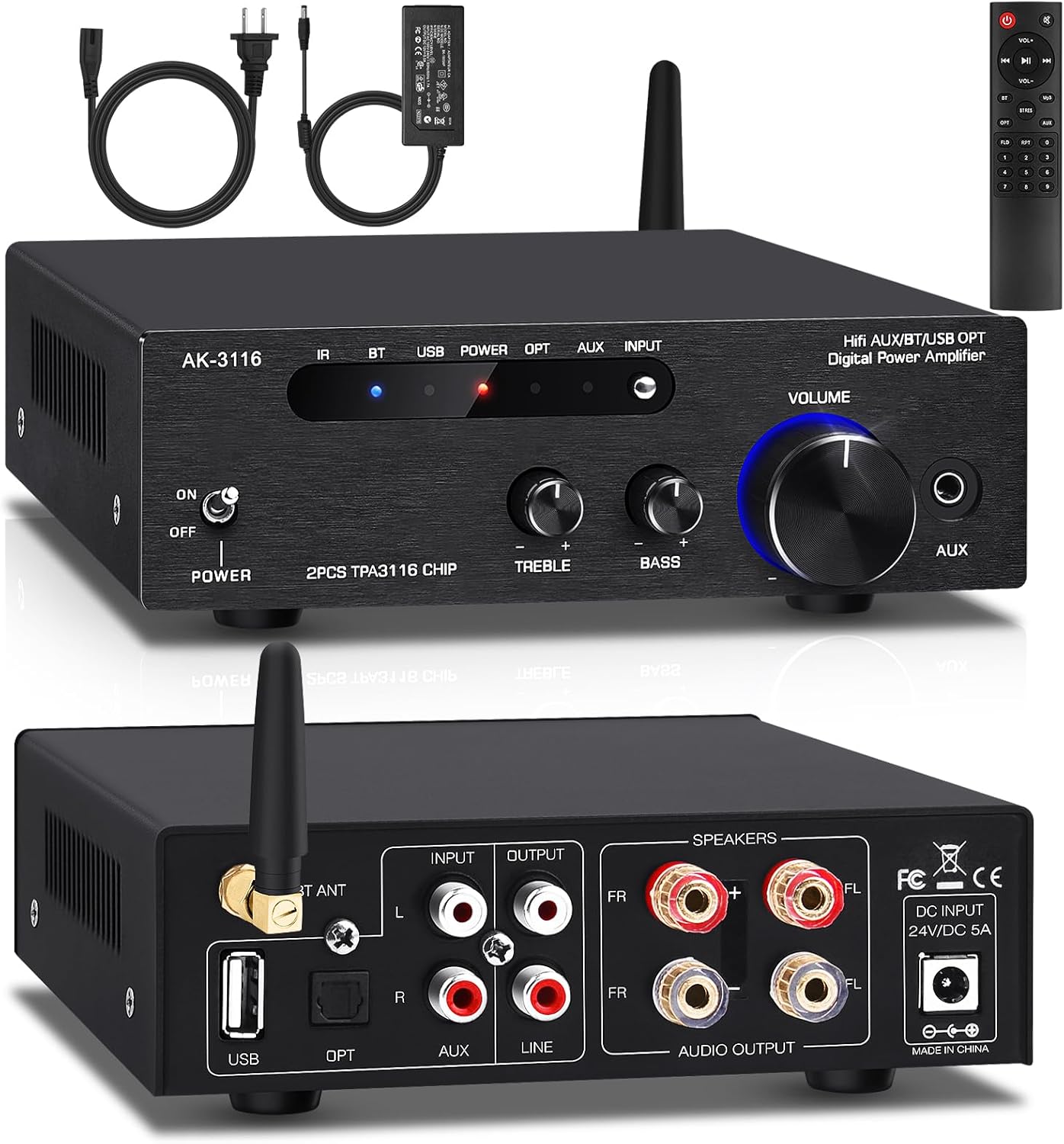 Amplifier Home Audio,Stereo Receiver Bluetooth 5.0 Power amp 100W x2 Wireless HiFi Stereo Class D Digital 2 Channel Integrated with Bass Treble Control for Passive Speakers