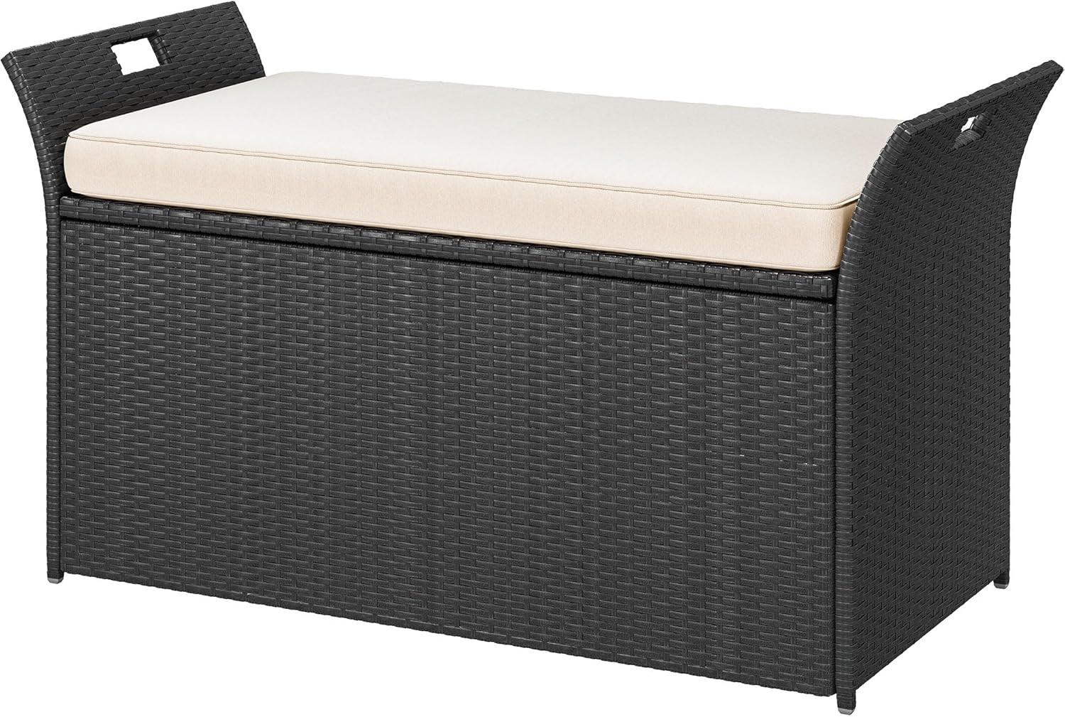 DWVO 90 Gallon Outdoor Storage Bench,Rattan Deck Box with Cushion, Outside Bench for Patio Storage,Yard,Pool,Garden,Black&Beige