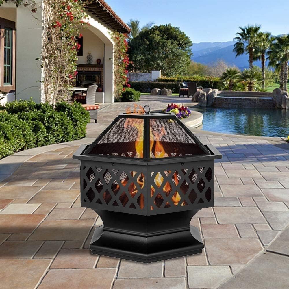 Fire Pits Outdoor Wood Burning Fire Pit Garden Stove Fireplace Iron Brazier Wood Burning Coal Pit Shaped with Spark Screen Cover and Fire Pit Tongs with Cover BBQ Cooking for Outside Camping Backyar