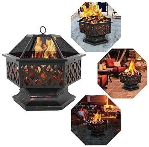 Outdoor Fire Pit 25-Inch Outdoor Fire Pit with Mesh Screen and Poker Hex Shaped Metal Wood Burning Bonfire Pit for Outdoor Camping