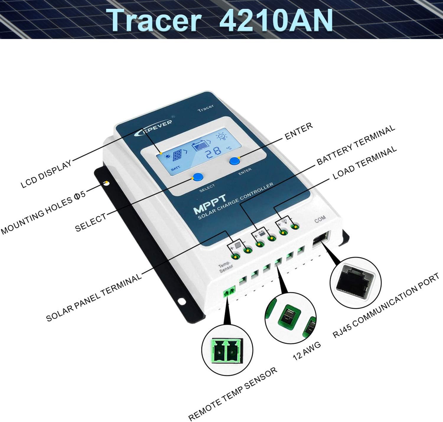 EPEVER 40A MPPT Solar Charge Controller 12V/520W, 24V/1040W, Common Negative Grounding, Work for Lead-Acid Sealed /Gel(AGM)/Flooded and Lithium Battery Charging(Tracer4210AN G3)