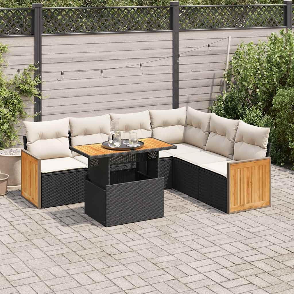 7-Piece Modular Garden Sofa Set, Black PE Rattan, Acacia Wood Frame, Outdoor Patio Furniture with Storage, Cream White Cushions, for Balcony Terrace