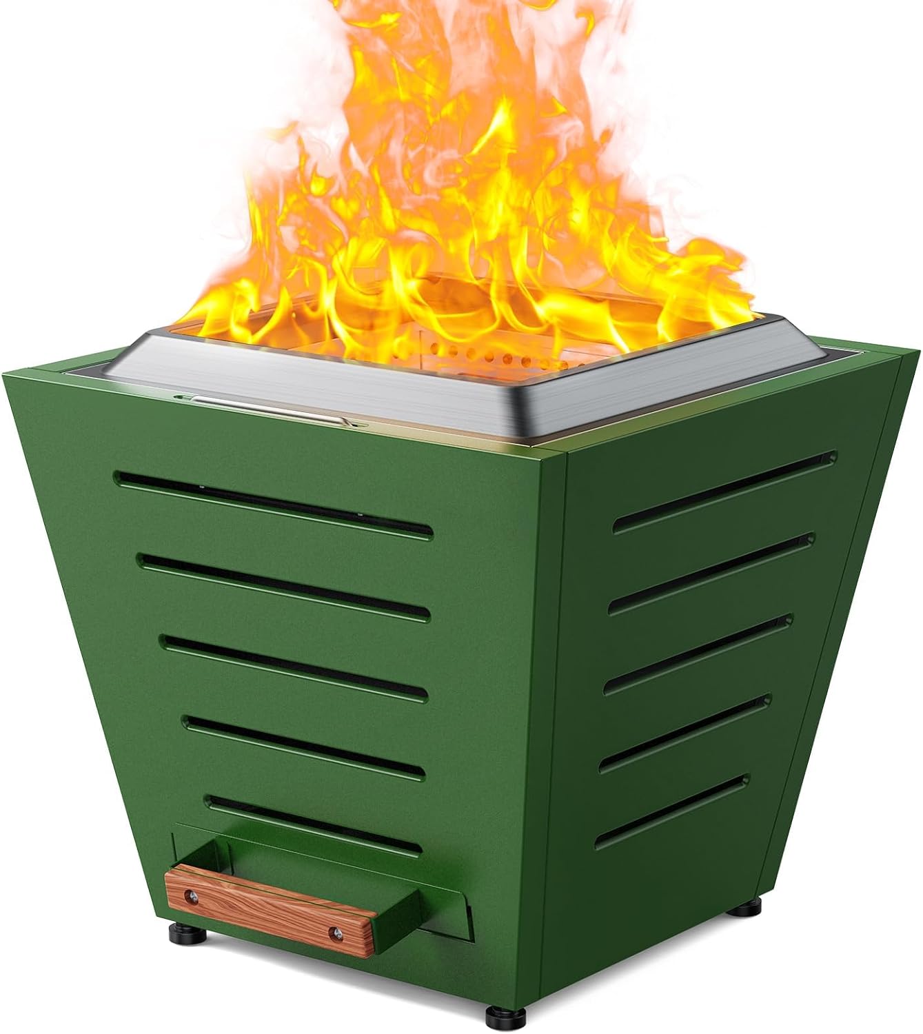 20 Inches Smokeless Fire Pit, Stainless Steel Wood Burning Fireplace for Outdoor Use, Portable Patio Firepit W/Pull-Out Ash Tray & Handles, Green (1 Door) (1 Doors)