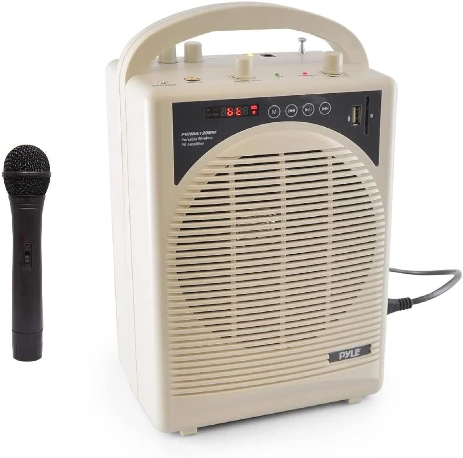 Upgraded Pyle Professional Portable PA System, Amplifier With Built-in Handheld VHF Wireless Microphone, Bluetooth, Battery Rechargeable, MP3, USB, SD, 1/4