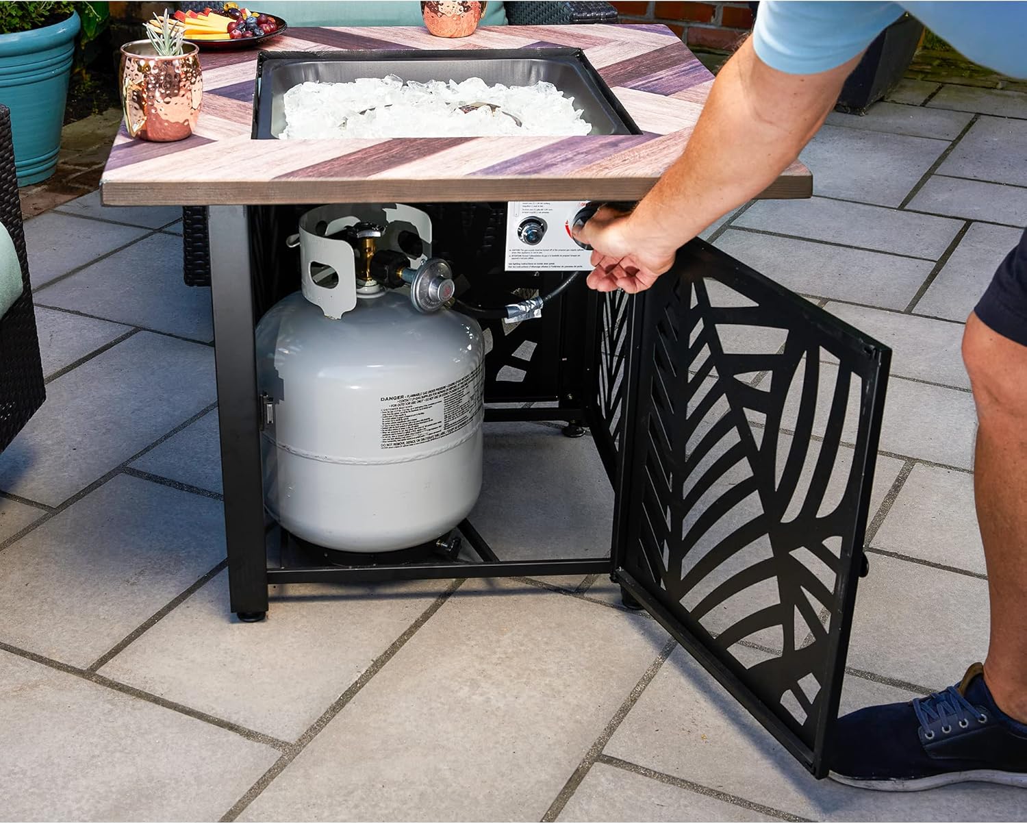 Endless Summer Darby 30 Inch Square Outdoor UV Printed 50,000 BTU LP Gas Fire Pit​ Table with Faux Wood Mantel and Stamped Steel Base