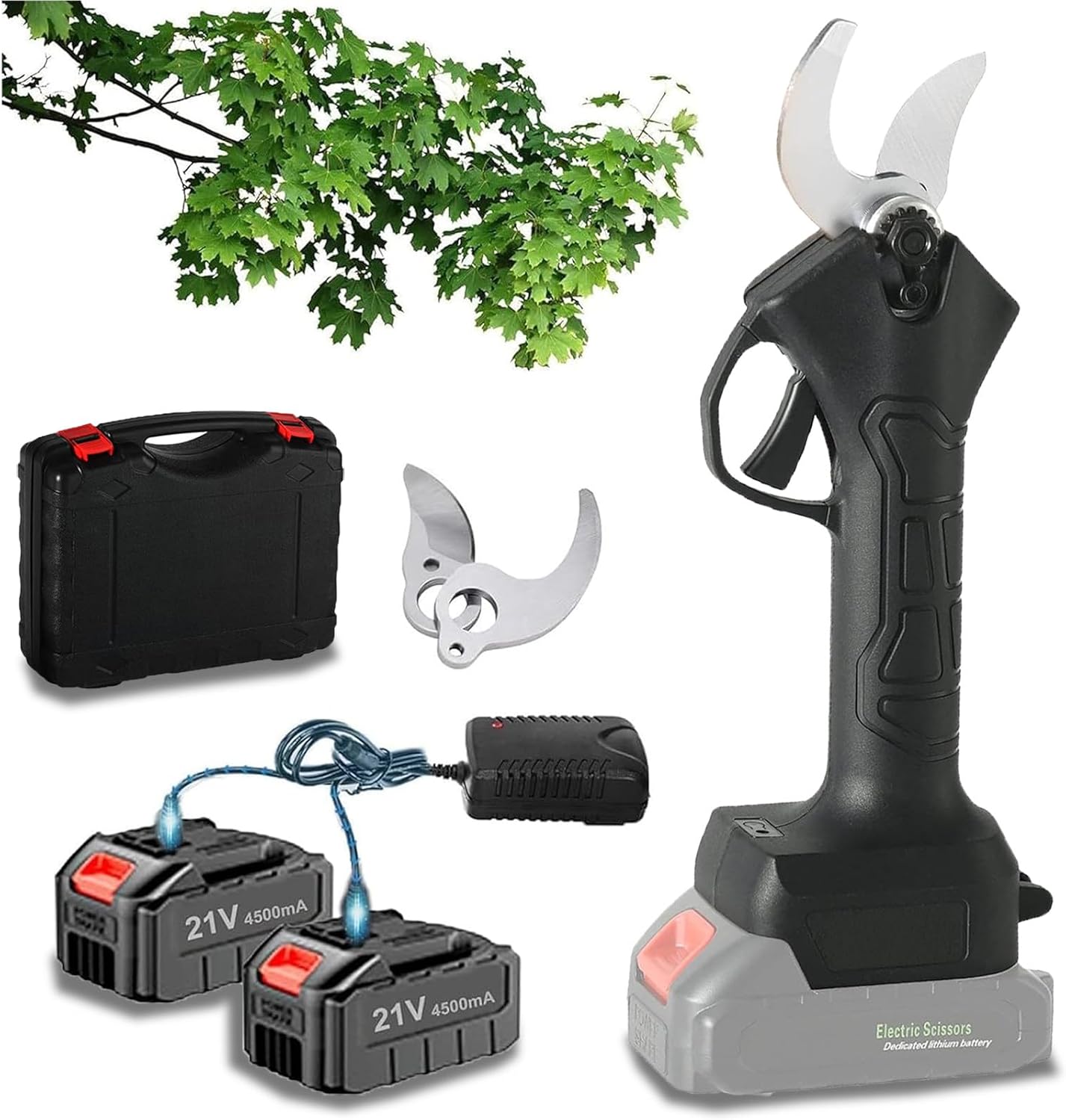 Electric Pruning Shears, 35mm 1.37'' Cutting Diameter Professional Cordless Electric Pruner for Tree Trimming Branch Cutter, (2Pcs 1500mAh Battery & Replacement 2 Blades),Incision 2.5-3.5cm-110V