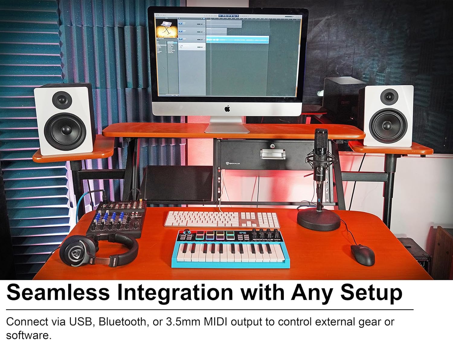 Audisavings Bundle: Rockville M25 25 Key USB Wireless MIDI Keyboard Controller With Bluetooth+8 Pads Bundle with Rockville RCM PRO Studio/Recording Condenser Microphone (2 Items)