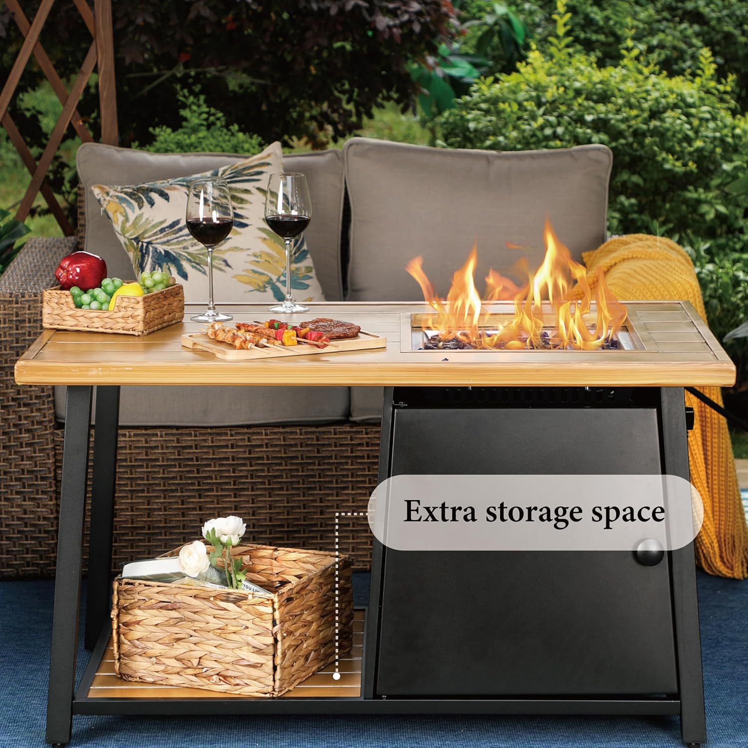 Patio Furniture Set with Firepit Table, 6 Pcs Metal Outdoor Conversation Set, 2 X Swivel Chairs, 1 X 3-Seater Sofa and 2 X Ottomans with 5.75