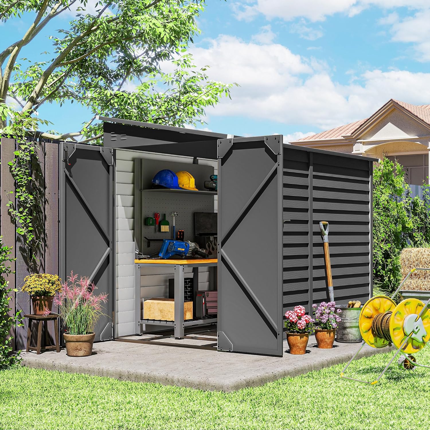Outsunny 4.6' x 9' Steel Outdoor Storage Shed, Lean to Shed, Metal Tool House with Foundation Kit, Lockable Doors, Gloves and 2 Air Vents for Backyard, Patio, Lawn, Dark Gray