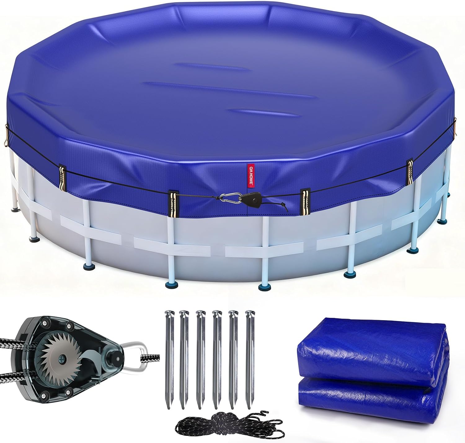 QH.HOME 24 Ft Winter Pool Cover [ 2025 Upgraded Fast Tightening Patented Ratchet] Extra Thick & Durable Round Pool Covers for Above Ground Pools Tear Resistant and UV Resistant Swimming Pool Cover