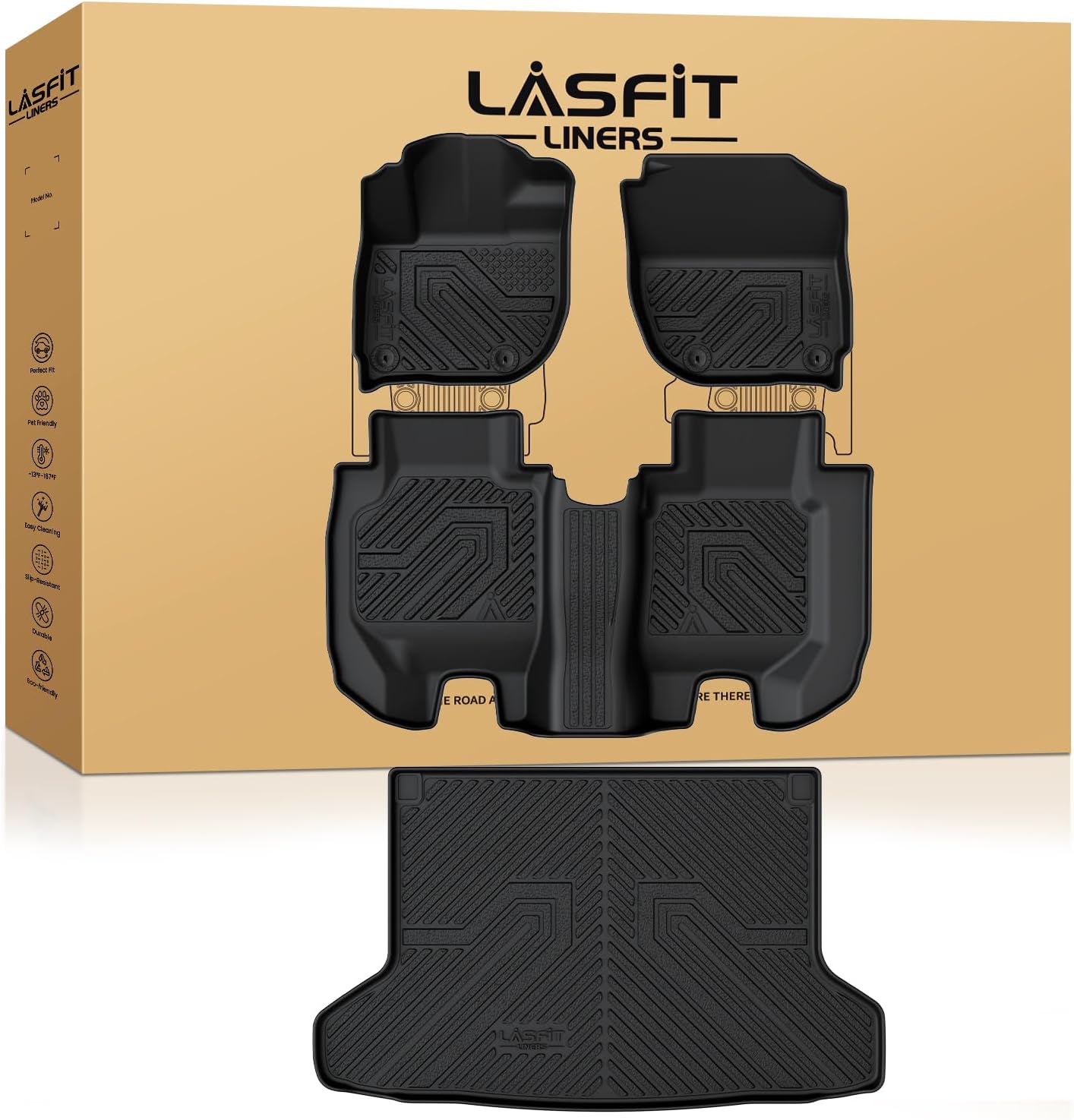 LASFIT Floor Mats & Cargo Mat for Honda HRV 2016-2022 (FWD Model), All Weather TPE Custom Fit HR-V Floor Liner Accessories, 1st & 2nd Row & Trunk Mat Full Set, Black (Not for AWD)