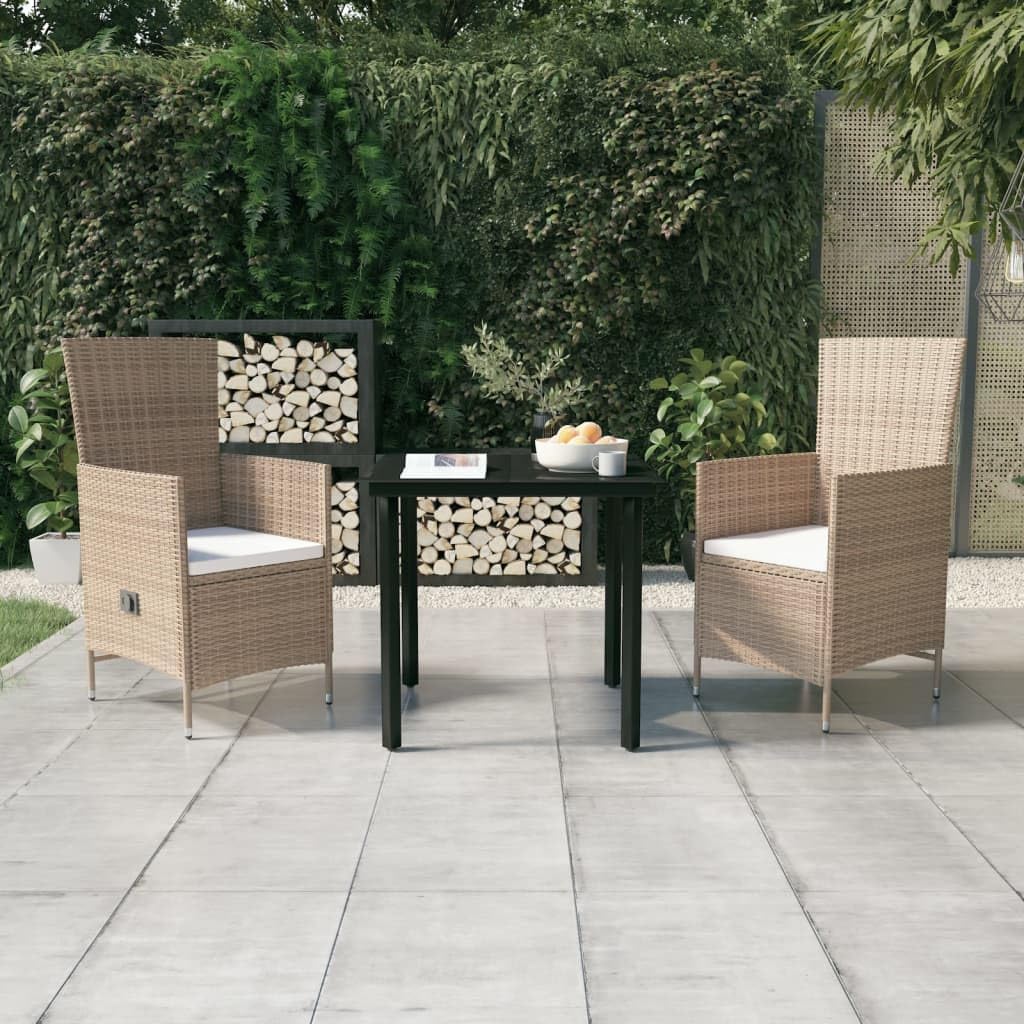 3 Piece Patio Dining Set with Cushions Beige,Premium, Dining Set with Reclining Chairs and Glass Tabletop for Patio or Garden Furniture Sets for Patio, Lawn & Garden