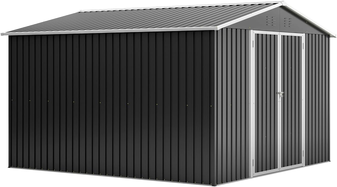 Outdoor Storage Shed 10x10 FT, Utility Metal Tool Storage with Lockable Doors and Updated Frame Structure, Large Metal Garden Shed for Backyard, Patio Lawn, Black