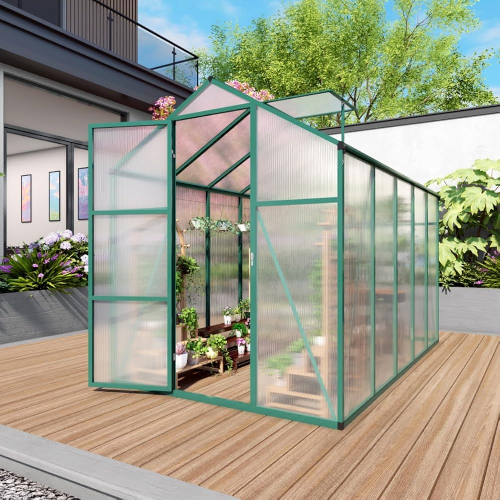 Walk-in Outdoor Greenhouse, Polycarbonate Garden Greenhouse with Sturdy Aluminum Frame, Adjustable Vents, Lockable Door & UV Protection for Backyard, Green & Black (6x10FT Green)