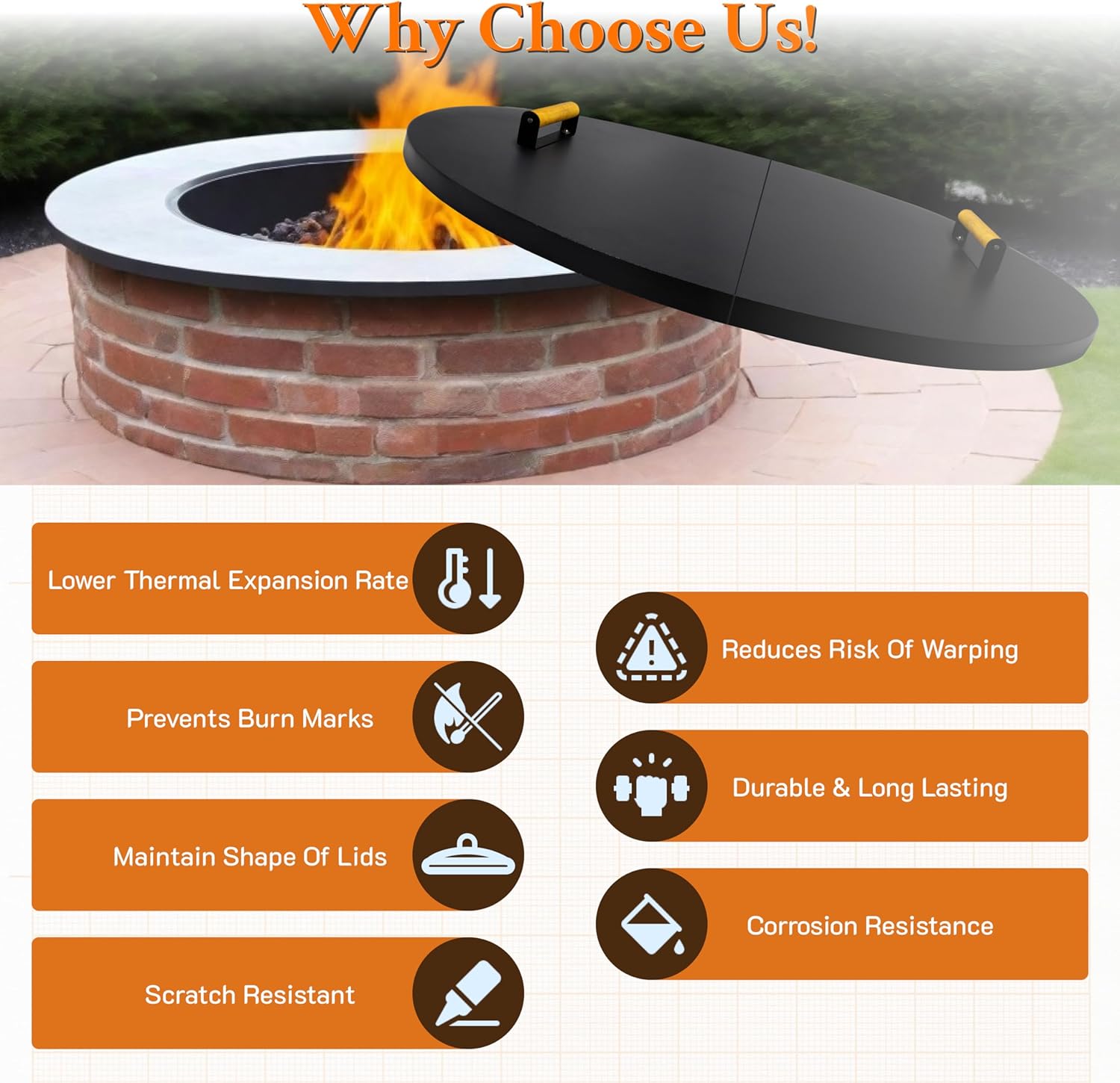 42” Fire Pit Cover Lid Round - Fit for 40” Round Fire Pit Lid for Outdoor Fireplace Cover Lid Steel fire pit metal cover W/ 2 Wooden Handles & Heat Resistant Snuffer Lid for Patio Fire Pit Ring