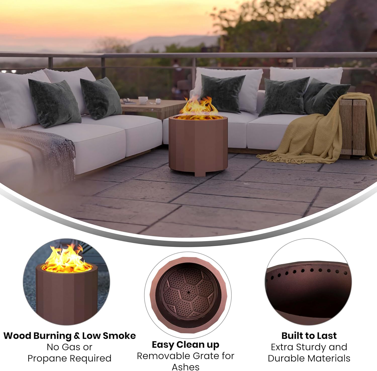 BizChair Commercial Grade Wood Burning Smokeless Outdoor Firepit - Bronze Finish - 19.5 inches - Portable - Waterproof Cover