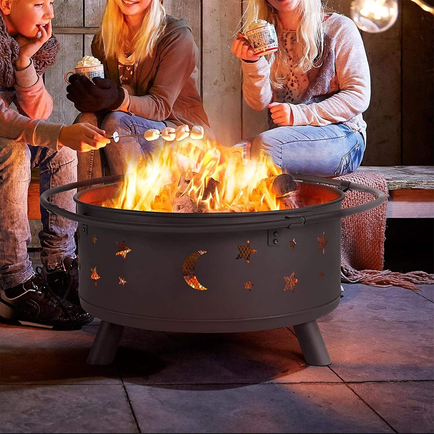 Fire Pit Outdoor Wood Burning Pits for Outdoor Backyard Patio Bonfire Campfire Grill Grate Mesh Spark Screen Poker Waterproof Cover Included