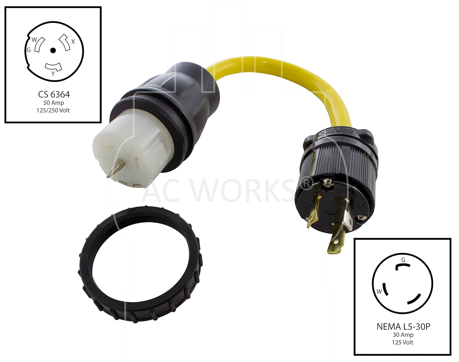 AC WORKS Generator to Transfer Switch 50Amp Inlet Box Adapter (L5-30 30Amp 3-Prong to CS6364 Flexible) Yellow