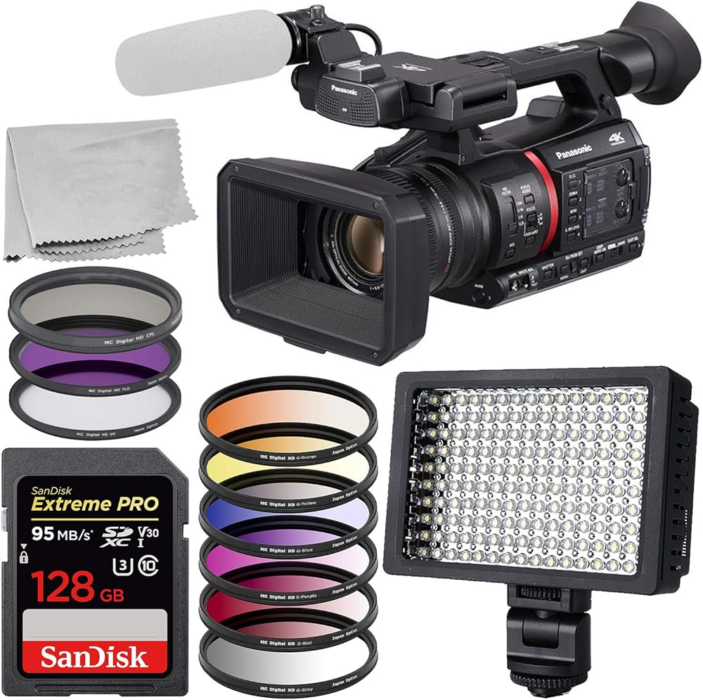 Panasonic AG-CX350 4K Camcorder Starter Bundle Includes: SanDisk Extreme 128 Memory Card - 3 Piece Multi Coated HD Filter Kit 67mm - 6pc Graduated Color Filter Set 67mm and More