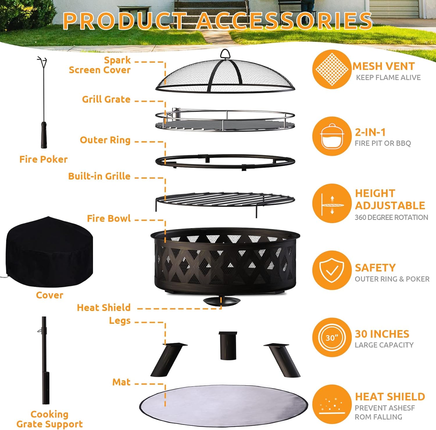 Amopatio Fire Pit with Mat & Cover, 30 Inch Large Outdoor Wood Burning Fire Pits, Patio Backyard Firepit with Steel BBQ Grill Cooking Grate, Spark Screen & Poker for Garden, Bonfire, Camping, Picnic