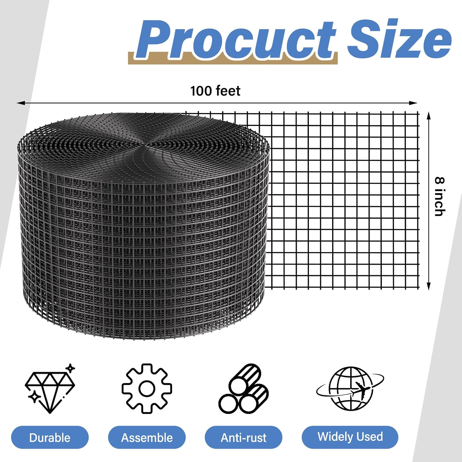 Solar Panel Bird Guard,8in x 100ft Critter Guard Galvanized PVC Coated Mesh Roll Kit,Black Pigeon Solar Panel Mesh with 70 Fastener Clips, ½ inch Wire Critter Guard for Solar Panels