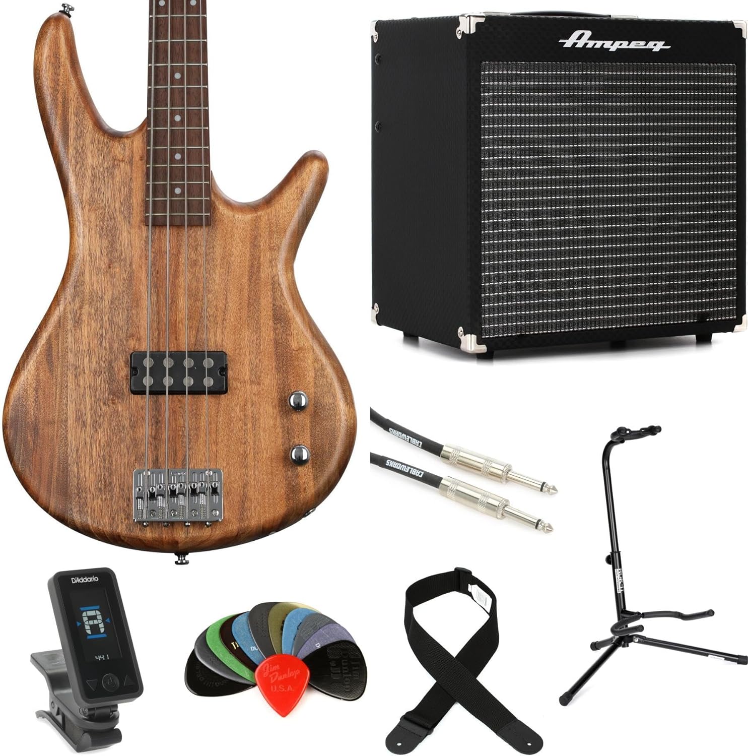 Ibanez Gio GSR100EX Bass Guitar (Mahogany Oil) and Rocket Bass 30-Watt Combo Amp Essentials Bundle with Stand, Strap, Clip-On Tuner, Cable and Picks